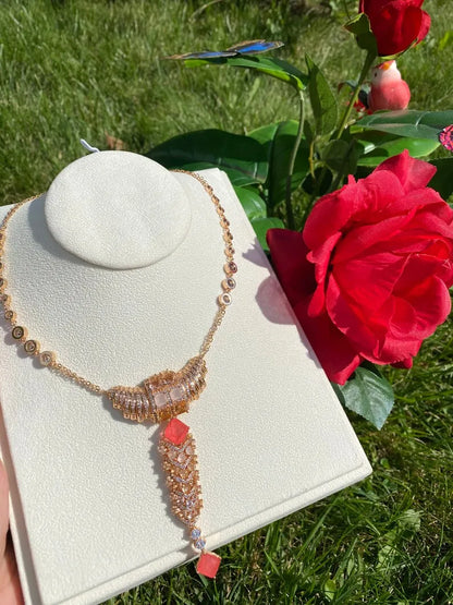 Luxury Y Lariat Natural Orange Pink Padparadsha Sapphire Necklace 18 K Yellow Gold Vermeil