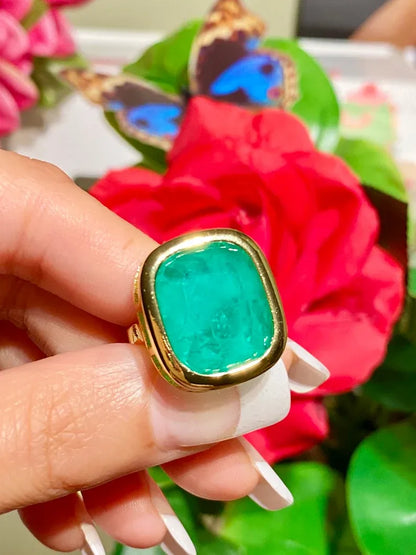 Angelina Jolie Inspired 100% Genuine Colombian Emerald Bezel Ring, 18K Yellow Gold Vermeil, Large Solitaire Emerald Ring, Choose Your Size