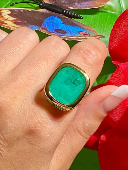 Angelina Jolie Inspired 100% Genuine Colombian Emerald Bezel Ring, 18K Yellow Gold Vermeil, Large Solitaire Emerald Ring, Choose Your Size