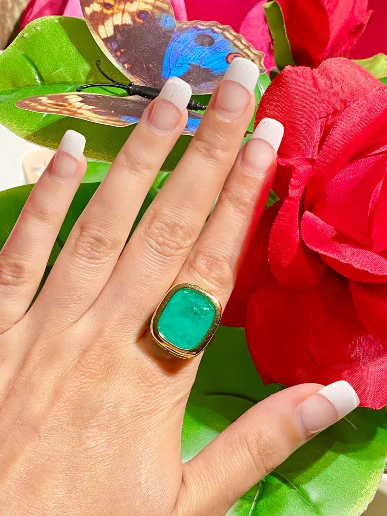 Angelina Jolie Inspired 100% Genuine Colombian Emerald Bezel Ring, 18K Yellow Gold Vermeil, Large Solitaire Emerald Ring, Choose Your Size