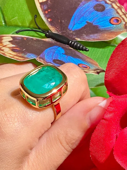 Glowing Angelina Jolie Inspired 100% Genuine Colombian Emerald Bezel Ring, 18K Yellow Gold Vermeil, Huge Solitaire Emerald Ring