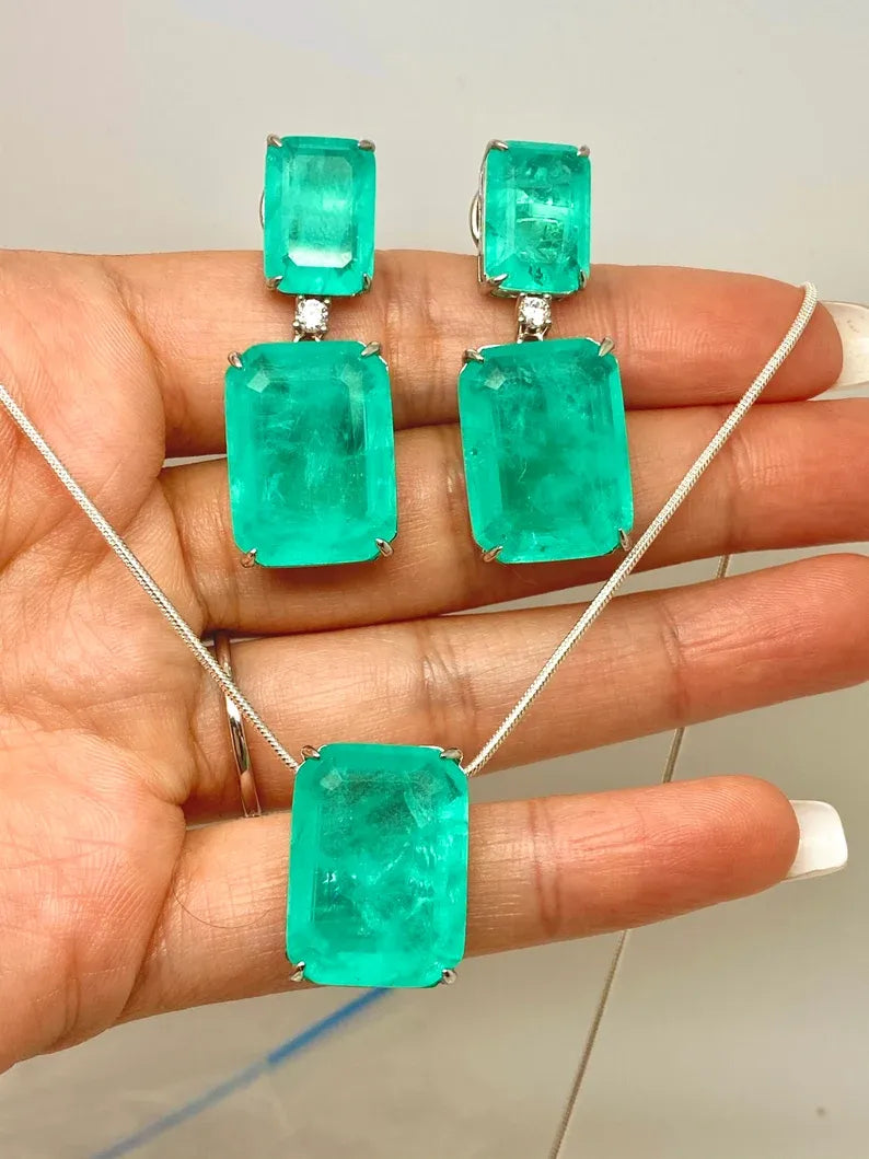 Luxury, Royal Elegance Natural Glowing Neon Green Colombian Emerald Diamond Dangle Drop Earrings Gorgeous 925 Sterling Silver