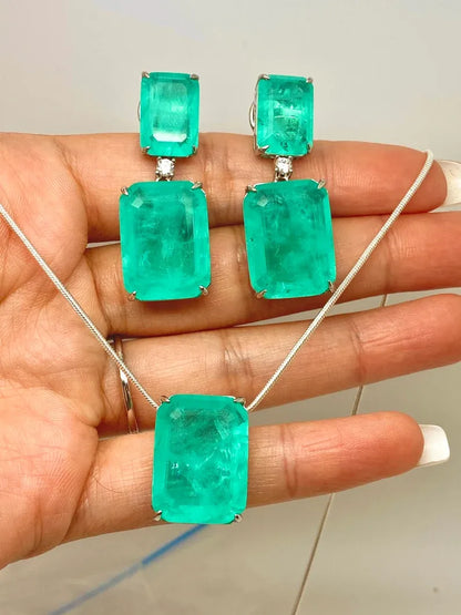 Luxury, Royal Elegance Natural Glowing Neon Green Colombian Emerald Diamond Dangle Drop Earrings Gorgeous 925 Sterling Silver