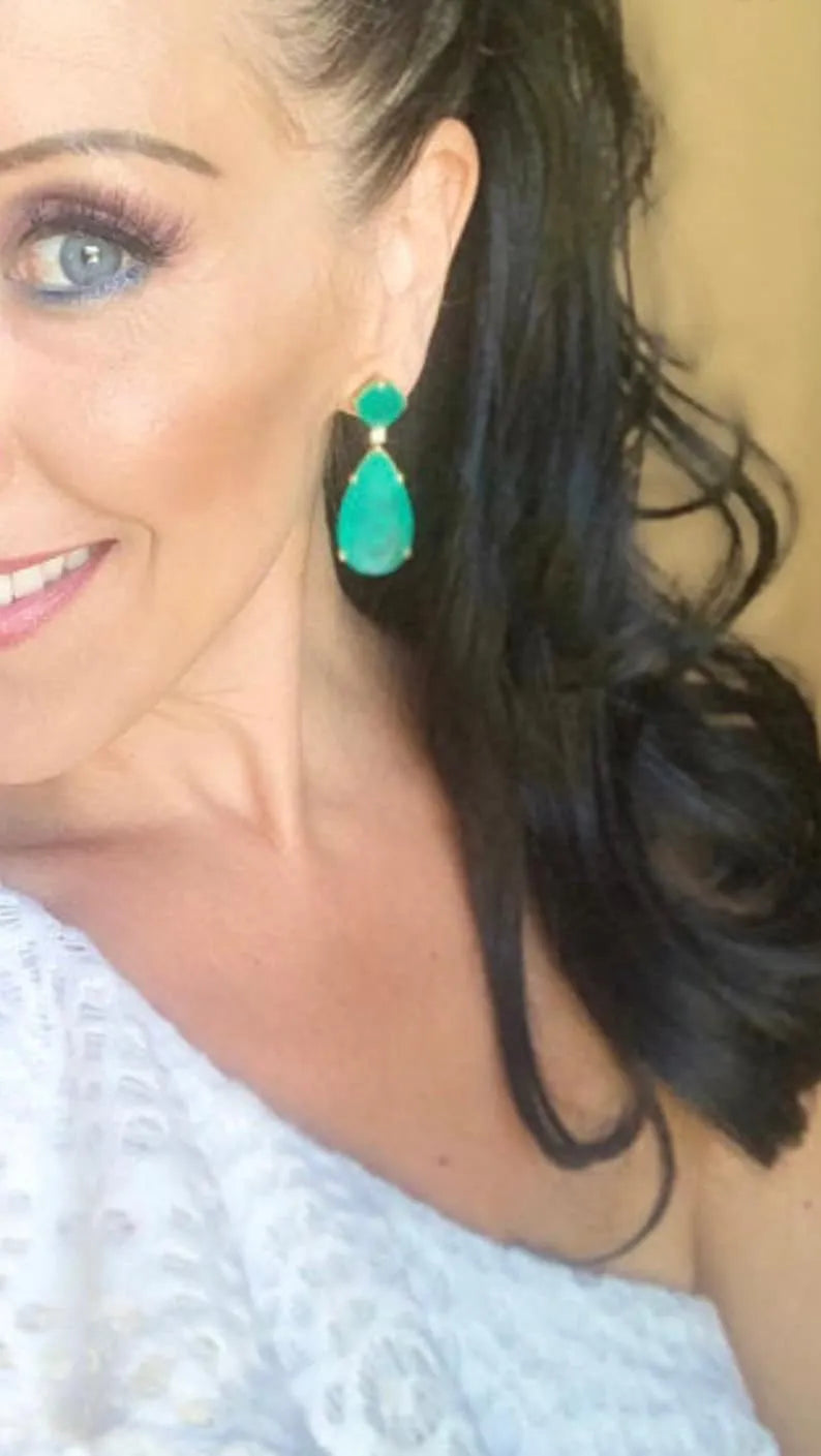 Celebrity Inspired, Famous Hollywood Star, 100% Natural Vibrant Green Emerald Earrings, 18K Yellow Gold Vermeil, Emerald Star Jewels