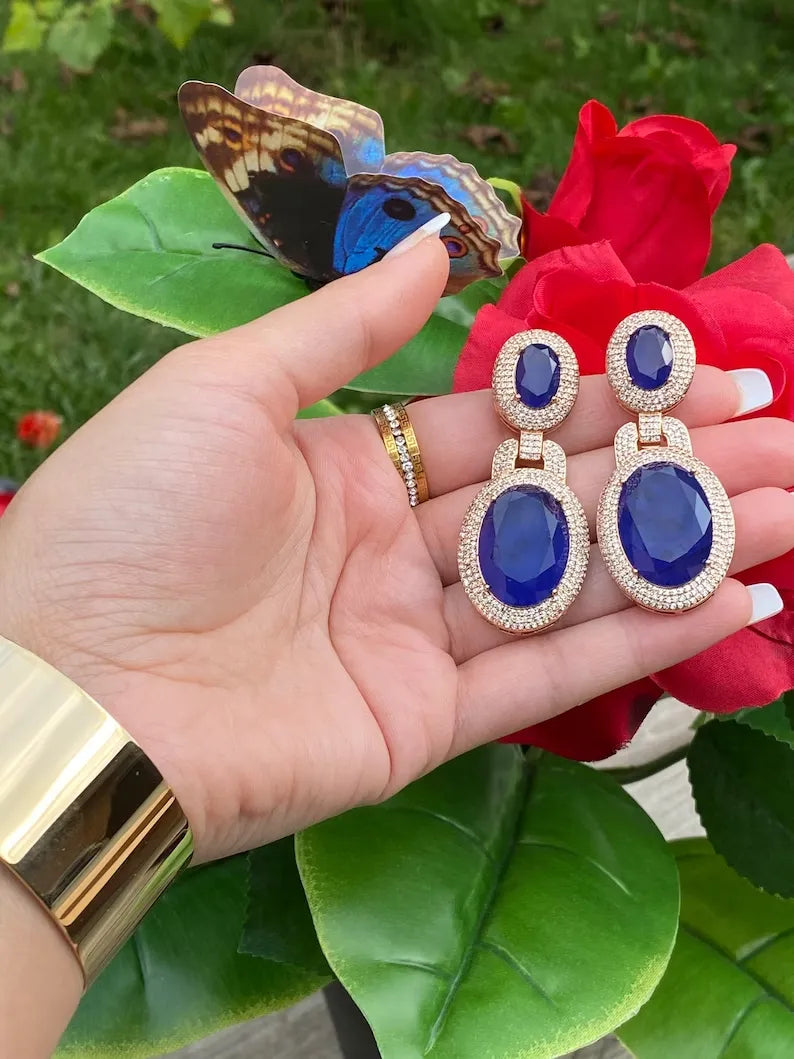 Big and Bold Natural Blue Sapphire Earrings Madagascar, 18K Yellow Gold Vermeil, Hallmark Queen