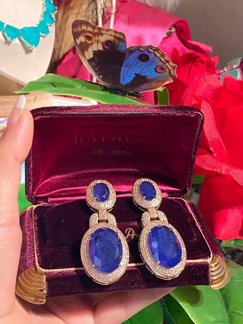 Big and Bold Natural Blue Sapphire Earrings Madagascar, 18K Yellow Gold Vermeil, Hallmark Queen