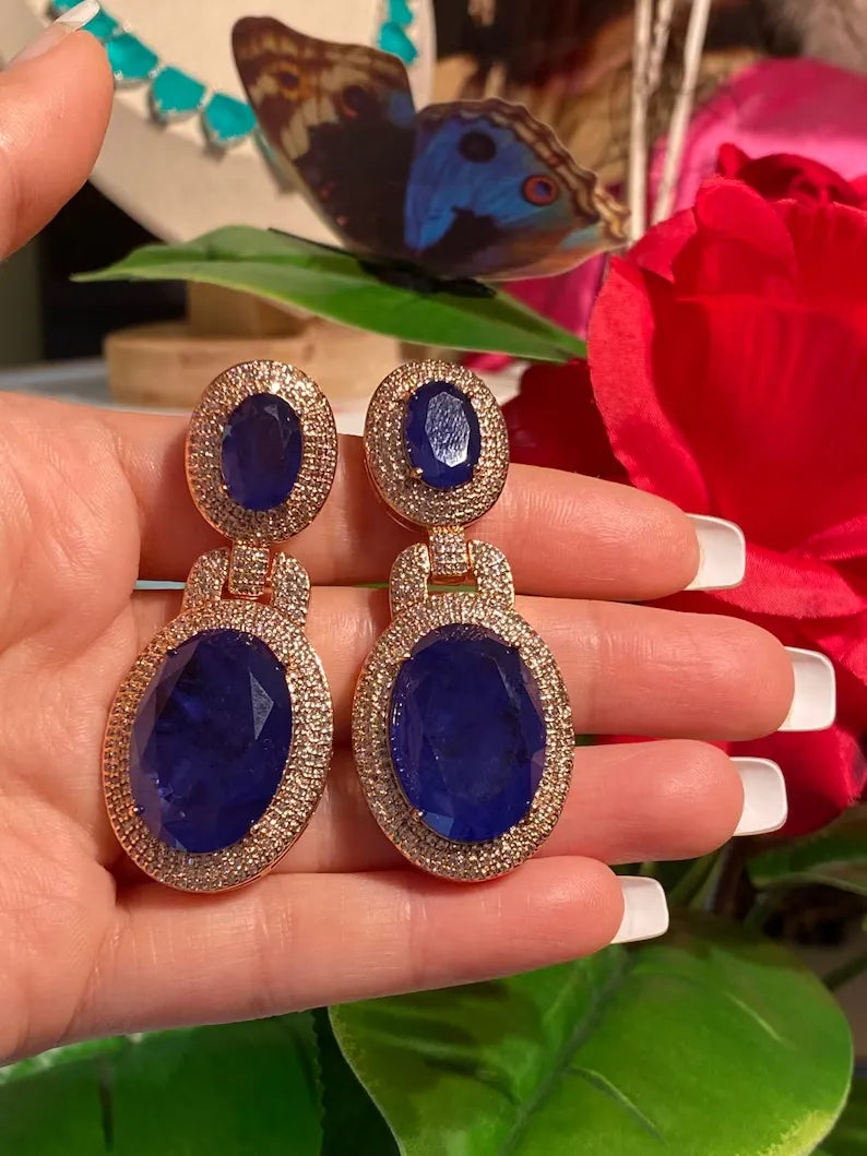 Big and Bold Natural Blue Sapphire Earrings Madagascar, 18K Yellow Gold Vermeil, Hallmark Queen