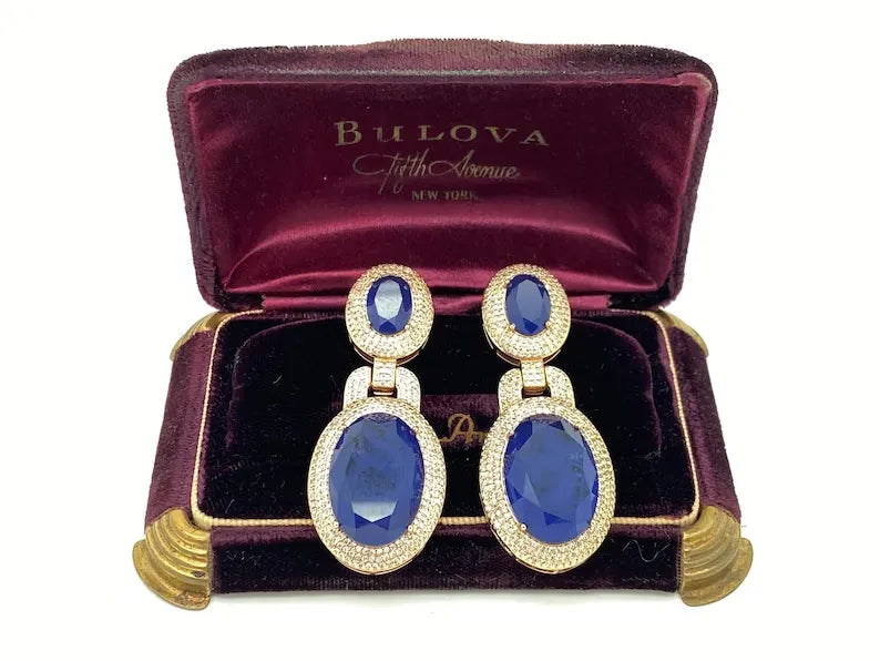 Big and Bold Natural Blue Sapphire Earrings Madagascar, 18K Yellow Gold Vermeil, Hallmark Queen