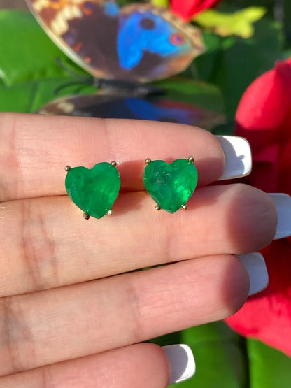 Simply Astonishing Natural Forest Green Zambian Emerald Heart Earrings, Small Minimalist Earrings, May Birthstone Earrings, 18K Gold Vermeil