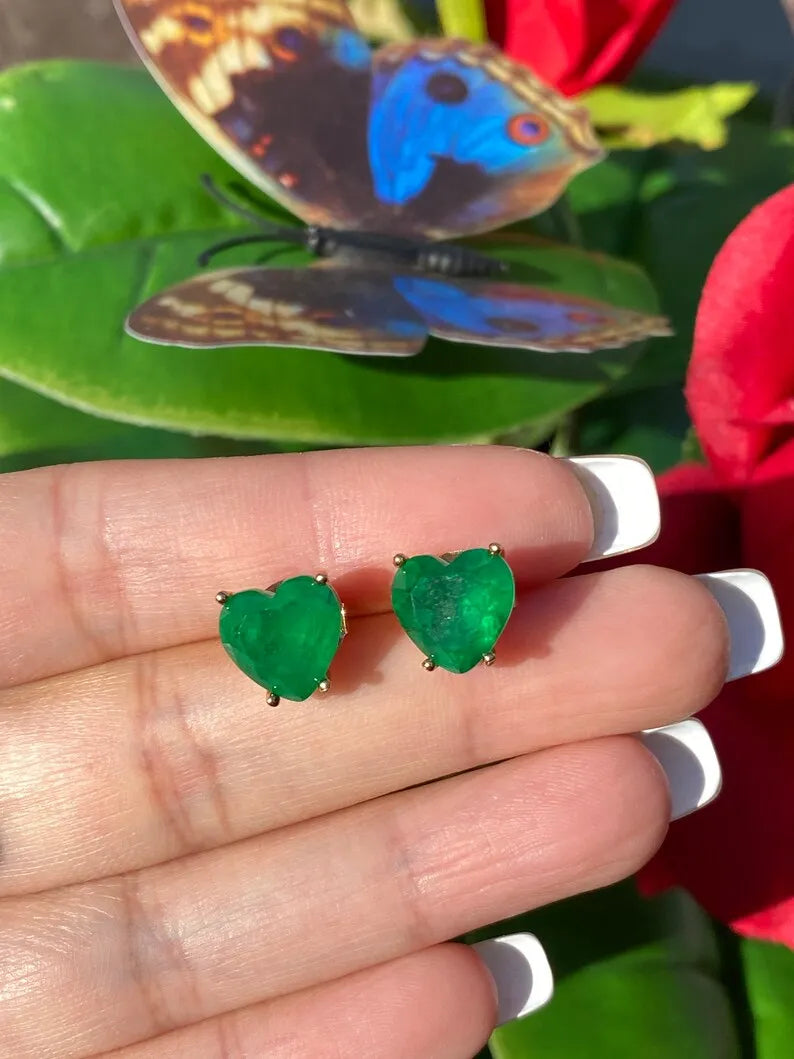 Simply Astonishing Natural Forest Green Zambian Emerald Heart Earrings, Small Minimalist Earrings, May Birthstone Earrings, 18K Gold Vermeil