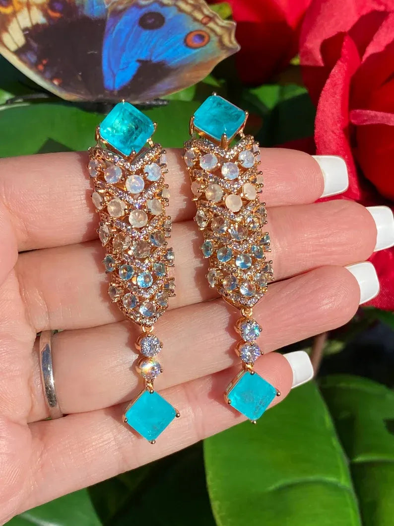 Head turning Glowing! Natural Paraiba Tourmaline, Opal Moonstone, Chandelier Dangle and Drop Earrings, 18K Yellow Gold Vermeil, Handcrafted