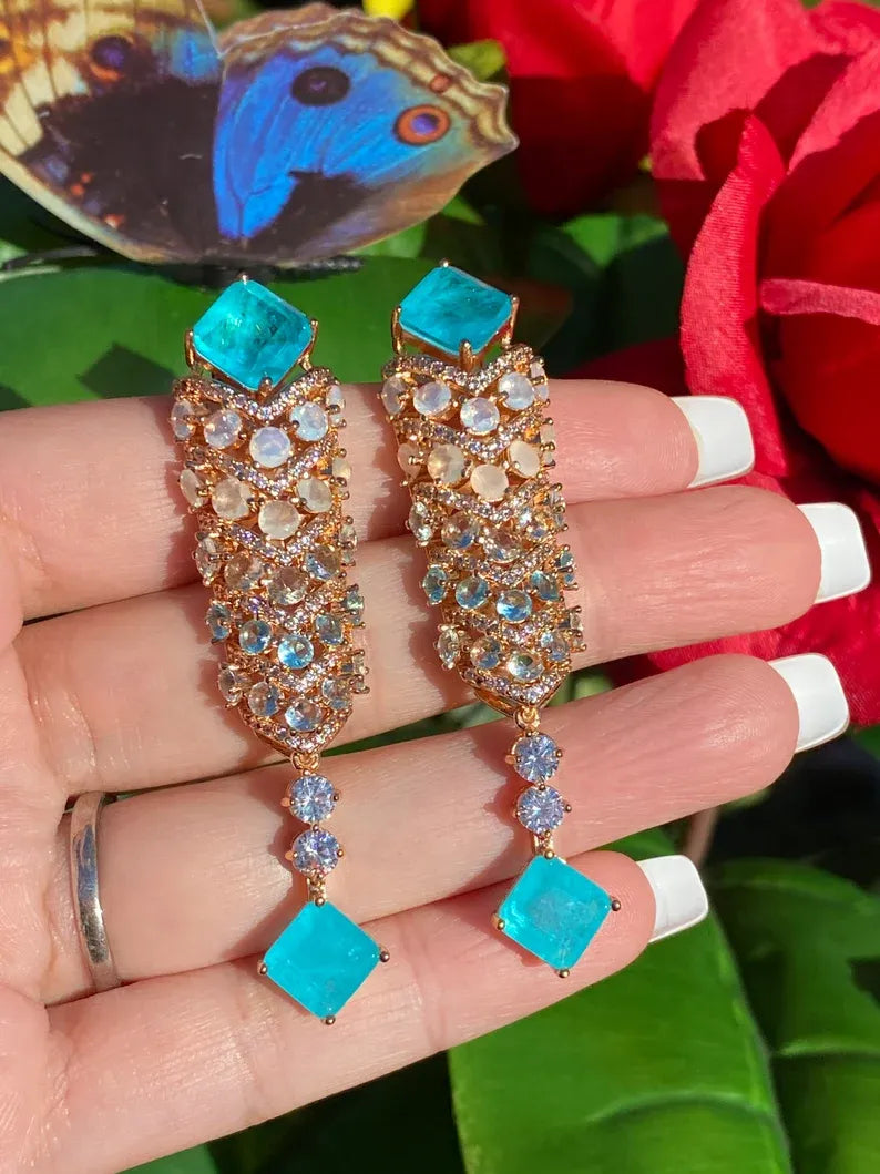 Head turning Glowing! Natural Paraiba Tourmaline, Opal Moonstone, Chandelier Dangle and Drop Earrings, 18K Yellow Gold Vermeil, Handcrafted