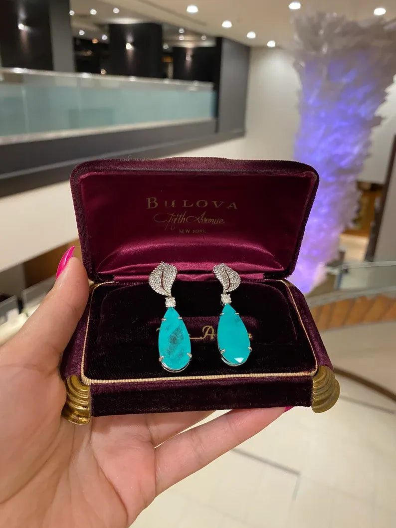 Ice Blue Natural Paraiba Tourmaline Earrings, Dangle Drop Earrings, with Amazing Neon Blue Colour and Glow, 925 Sterling Silver, Leaf Design