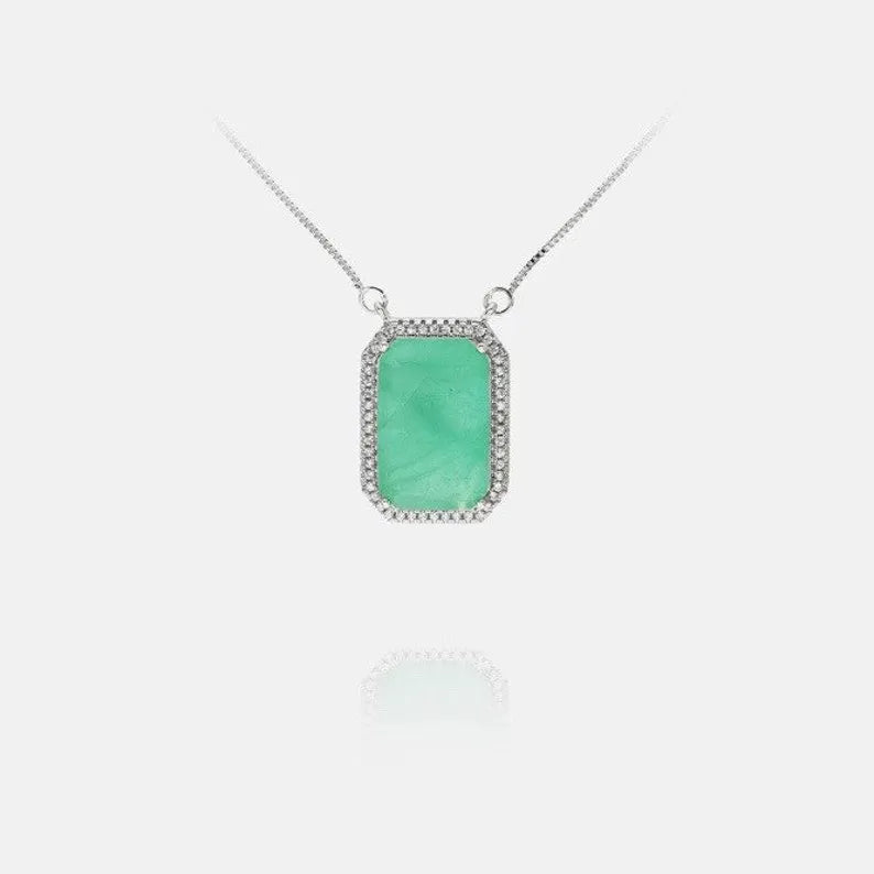 Majestic, Natural Emerald Cut Emerald Necklace Pendant, Magnificent Design, 925 Sterling Silver, Vibrant Strong Rich Neon Green Glow