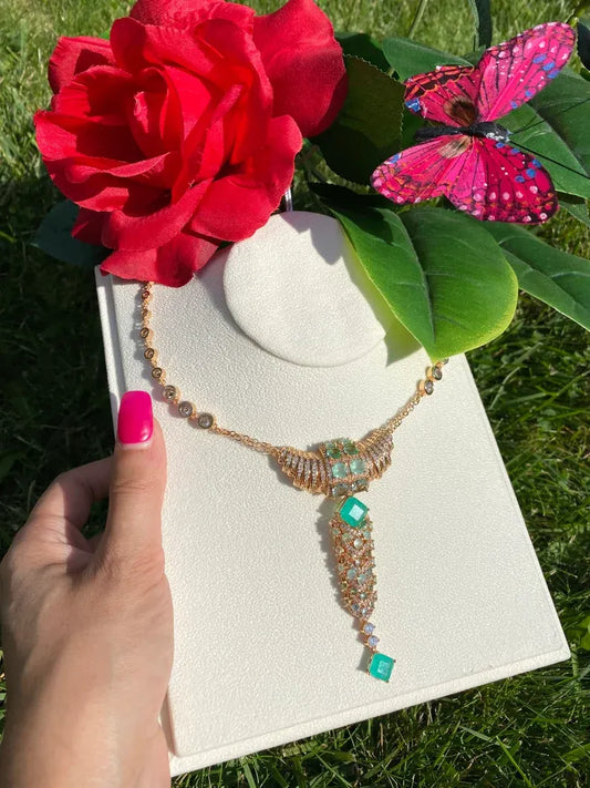 Hollywood Style, Magnificent Y Lariat Gold Necklace, with Natural Colombian Emeralds, Austrian Crystals, 18K Yellow Gold Vermeil