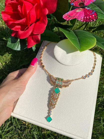 Hollywood Style, Magnificent Y Lariat Gold Necklace, with Natural Colombian Emeralds, Austrian Crystals, 18K Yellow Gold Vermeil