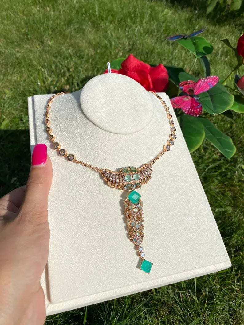 Hollywood Style, Magnificent Y Lariat Gold Necklace, with Natural Colombian Emeralds, Austrian Crystals, 18K Yellow Gold Vermeil