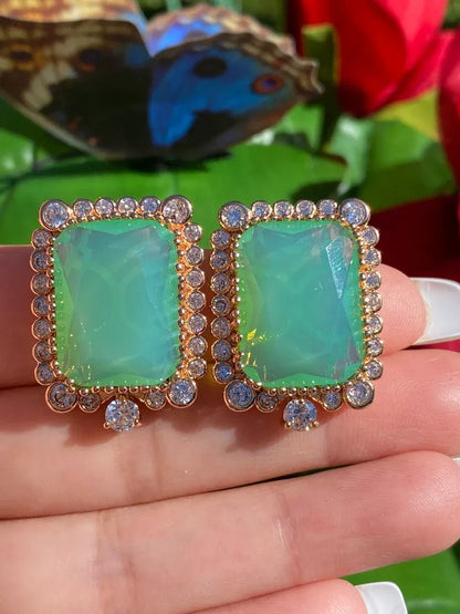 Beyond Luxury Natural Ethiopian Green Fire Opal Doublet Large Octagon Stud Earrings with Natural Austrian Crystals, 18K Yellow Gold Vermeil