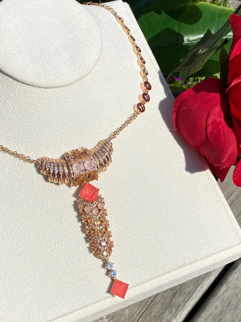 Luxury Y Lariat Natural Orange Pink Padparadsha Sapphire Necklace 18 K Yellow Gold Vermeil