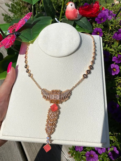 Luxury Y Lariat Natural Orange Pink Padparadsha Sapphire Necklace 18 K Yellow Gold Vermeil