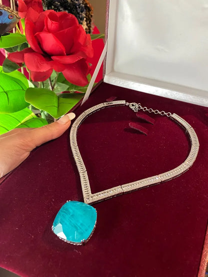 Luxury Big and Bold Paraiba Tourmaline Diamond Charm Necklace, Exotic Neon Blue Color and Glow, Beautiful Gift, 925 Sterling Silver Nice Box