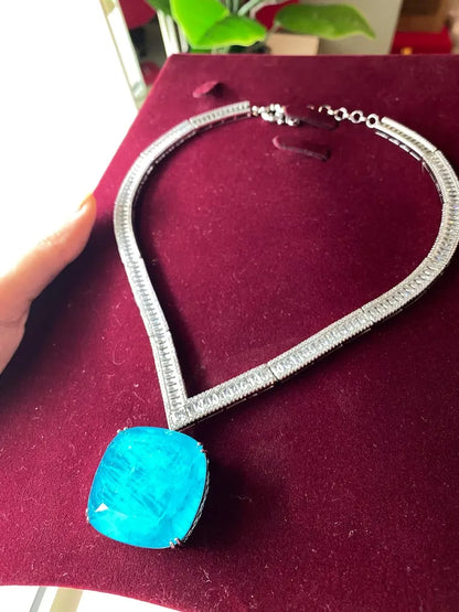 Luxury Big and Bold Paraiba Tourmaline Diamond Charm Necklace, Exotic Neon Blue Color and Glow, Beautiful Gift, 925 Sterling Silver Nice Box