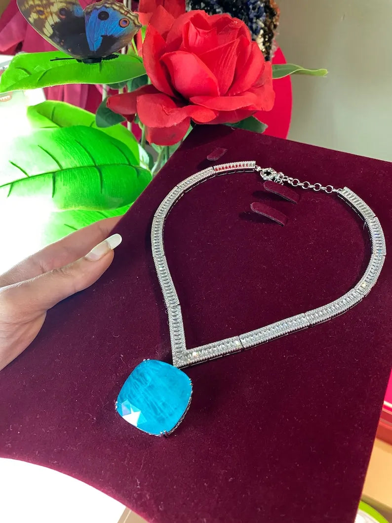 Luxury Big and Bold Paraiba Tourmaline Diamond Charm Necklace, Exotic Neon Blue Color and Glow, Beautiful Gift, 925 Sterling Silver Nice Box