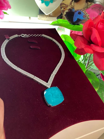 Luxury Big and Bold Paraiba Tourmaline Diamond Charm Necklace, Exotic Neon Blue Color and Glow, Beautiful Gift, 925 Sterling Silver Nice Box