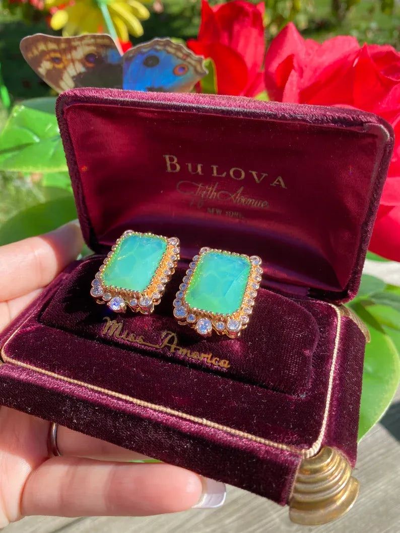 Beyond Luxury Natural Ethiopian Green Fire Opal Doublet Large Octagon Stud Earrings with Natural Austrian Crystals, 18K Yellow Gold Vermeil