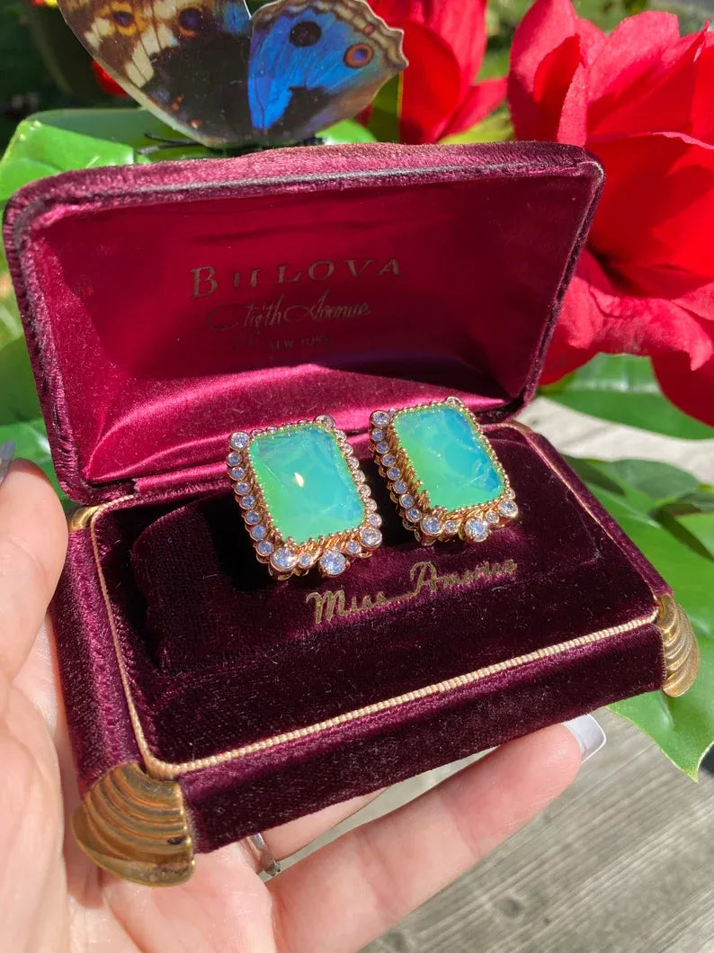 Beyond Luxury Natural Ethiopian Green Fire Opal Doublet Large Octagon Stud Earrings with Natural Austrian Crystals, 18K Yellow Gold Vermeil