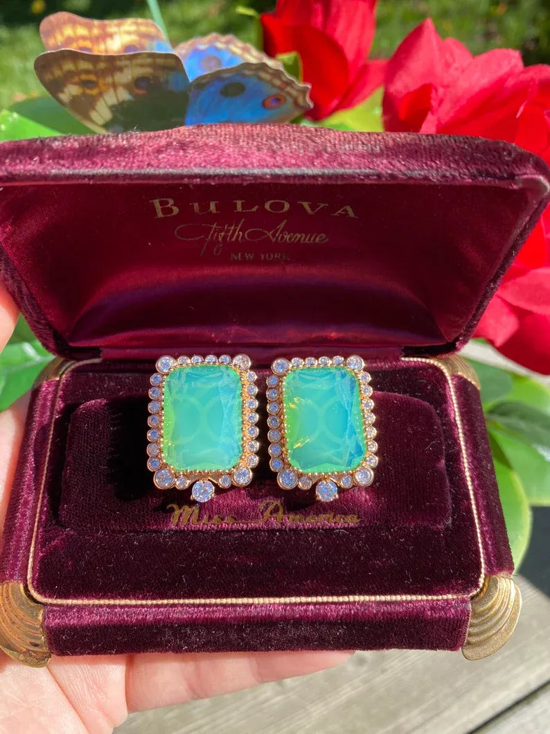 Beyond Luxury Natural Ethiopian Green Fire Opal Doublet Large Octagon Stud Earrings with Natural Austrian Crystals, 18K Yellow Gold Vermeil