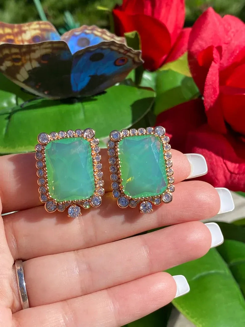 Beyond Luxury Natural Ethiopian Green Fire Opal Doublet Large Octagon Stud Earrings with Natural Austrian Crystals, 18K Yellow Gold Vermeil