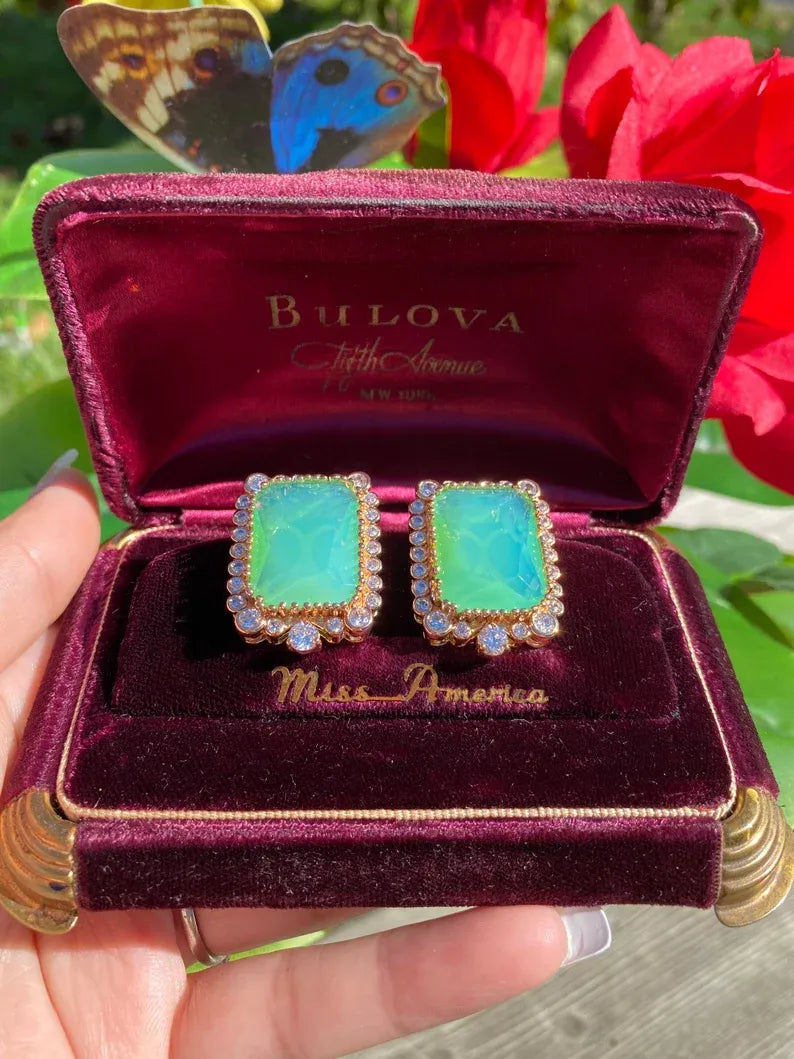 Beyond Luxury Natural Ethiopian Green Fire Opal Doublet Large Octagon Stud Earrings with Natural Austrian Crystals, 18K Yellow Gold Vermeil