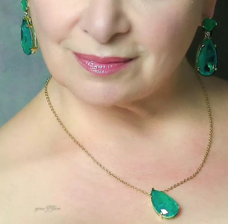 Elegant Genuine Zambian Emerald Dangle & Drop Earrings + Matching Necklace Jewelry Set, 45mm long Earrings, Pendant, 18K Yellow Gold Vermeil