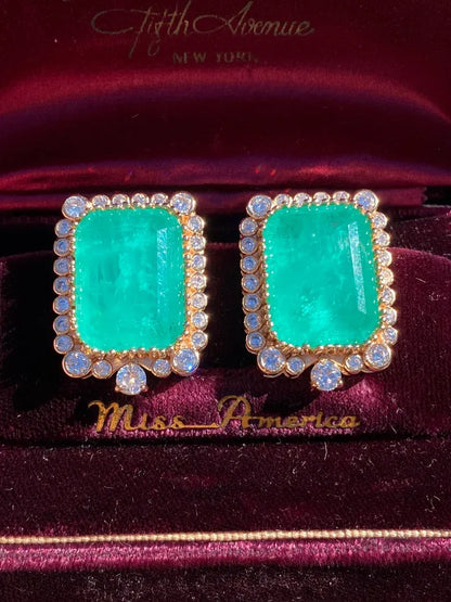 Miraculous Design, Glowing Natural Neon Emerald Diamond Stud Earrings, Large, Beautiful, Unique. 18K Yellow Gold Vermeil, Luxury Gift