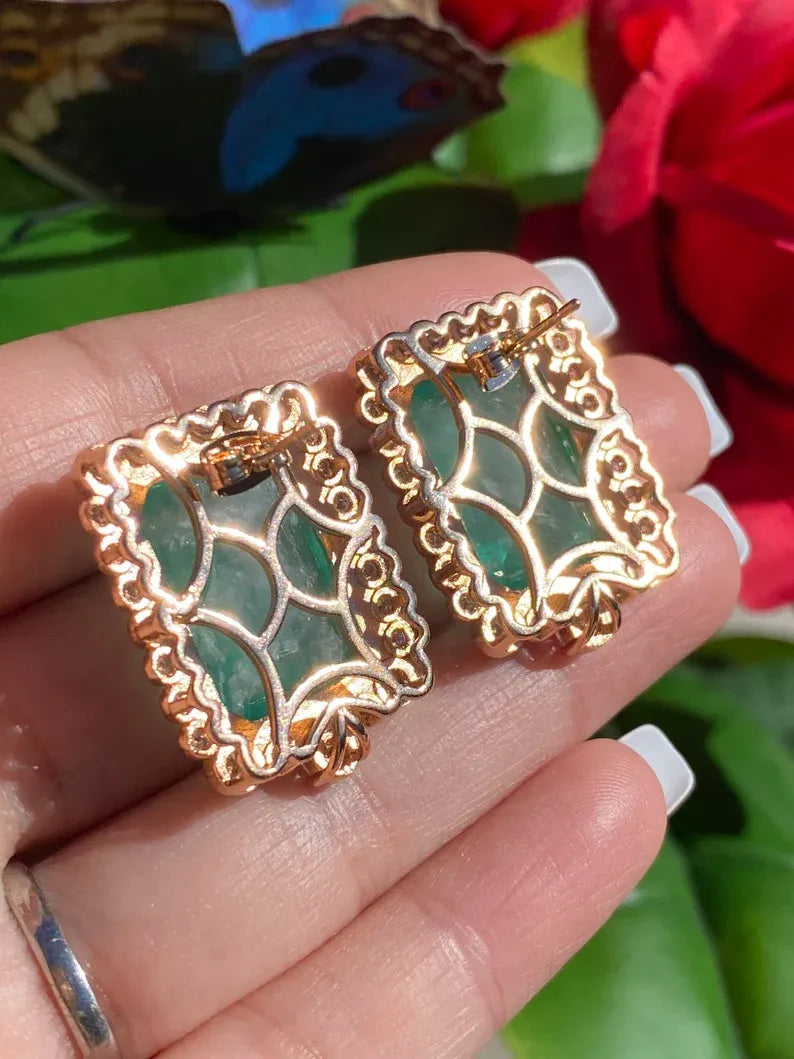 Miraculous Design, Glowing Natural Neon Emerald Diamond Stud Earrings, Large, Beautiful, Unique. 18K Yellow Gold Vermeil, Luxury Gift