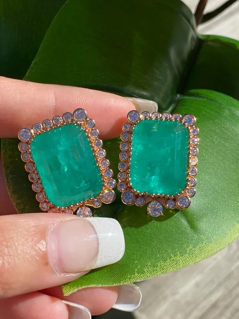 Miraculous Design, Glowing Natural Neon Emerald Diamond Stud Earrings, Large, Beautiful, Unique. 18K Yellow Gold Vermeil, Luxury Gift