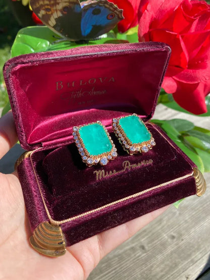 Miraculous Design, Glowing Natural Neon Emerald Diamond Stud Earrings, Large, Beautiful, Unique. 18K Yellow Gold Vermeil, Luxury Gift