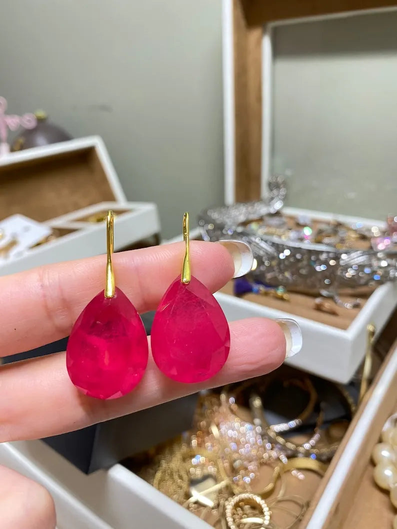 Simple and Beautiful, 100% Handmade Natural Hot Pink Ruby Jewelry Set, Earrings and Necklace, July Gemstone, July Birthstone, Dainty Set