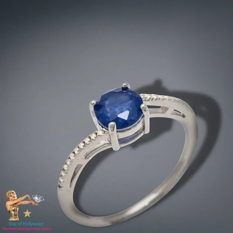 Solitaire 1ct Round Natural Mozambique Blue Sapphire & Diamond Ring, 925 Sterling Silver, Engagement Wedding Ring, Dainty Ring, Promise Ring