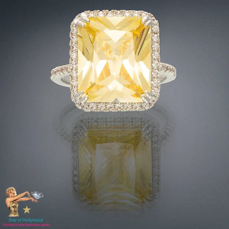 Fabulous Hollywood Fancy Canary Yellow Diamond Ring, Israel Sona Diamond, Large 10Ct Yellow Diamond, 925 Sterling Silver, Halo Diamond Ring