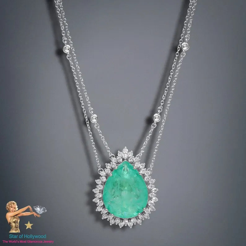 Glowing Icy Blue Natural Paraiba Tourmaline Necklace with Double Chain, Caribbean Vivid Blue, Exotic Neon Gemstone, with Austrian Crystals