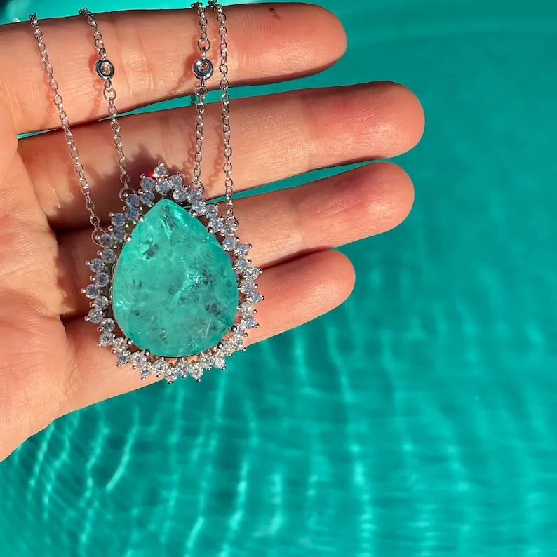 Paradise Amazonka Mines Ocean Blue Natural Paraiba Tourmaline, Pear Necklace Luxury Breathtaking Magnificent Design with double chain