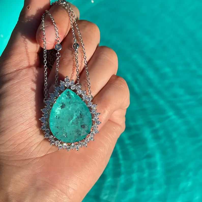 Glowing Icy Blue Natural Paraiba Tourmaline Necklace with Double Chain, Caribbean Vivid Blue, Exotic Neon Gemstone, with Austrian Crystals