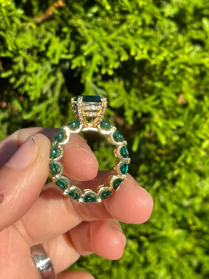 100% Natural Dark Forest Green Zambian Emerald Multi Gemstone Ring Band, Handcrafted Masterpiece, Natural Emerald Ring, 18K Gold Vermeil