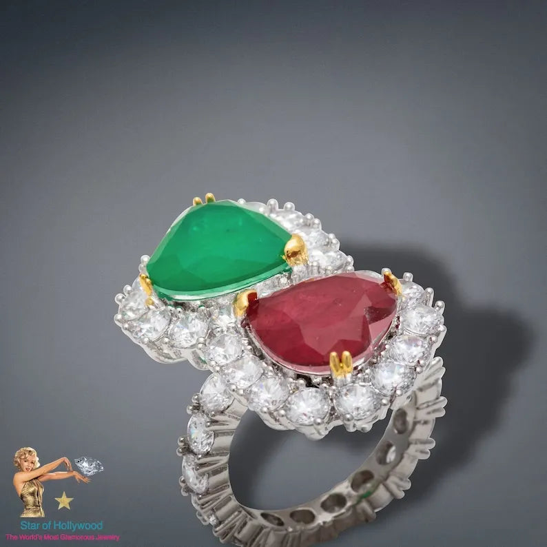 Luxury Edition, Mother & Daughter, Double Heart, Ruby Emerald and Diamond Ring, July and May Birthstones, Handcrafted Piece, Gift for Her