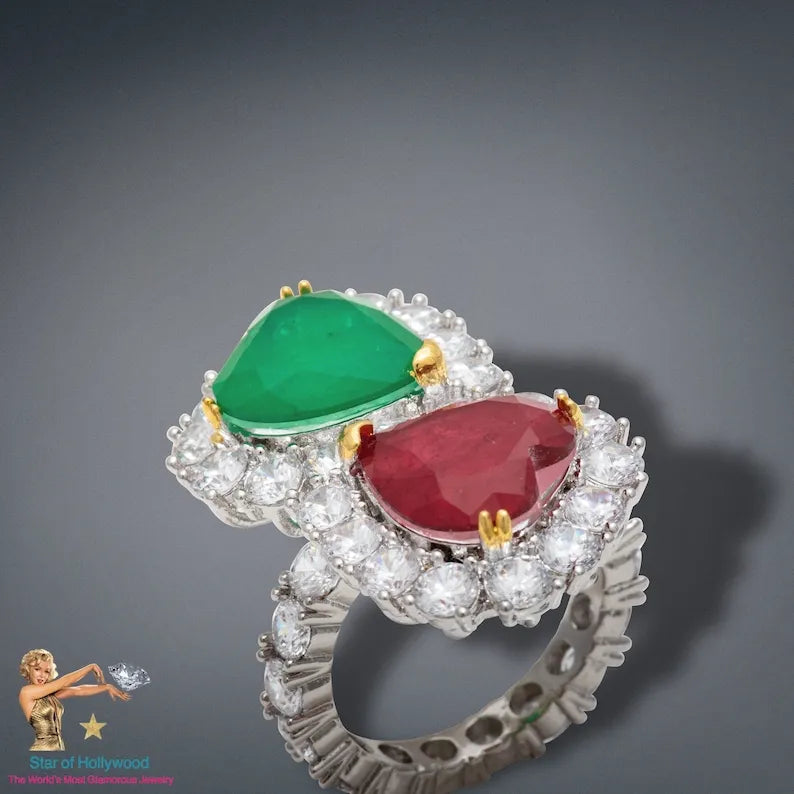 Mother & Daughter, Double Heart, Ruby and Emerald Ring, July and May Birthstones, Luxury Edition, Handcrafted Masterpiece, Gift for Her