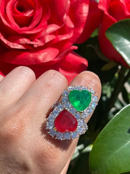 Mother and Daughter Ruby and Emerald Double Heart Magnificent Handcrafted Masterpiece from Hollywood Collection, 925 Sterling Silver, Gift