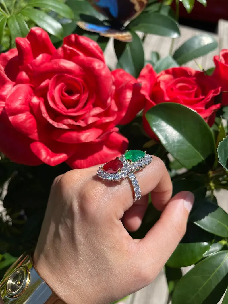 Mother and Daughter Ruby and Emerald Double Heart Magnificent Handcrafted Masterpiece from Hollywood Collection, 925 Sterling Silver, Gift