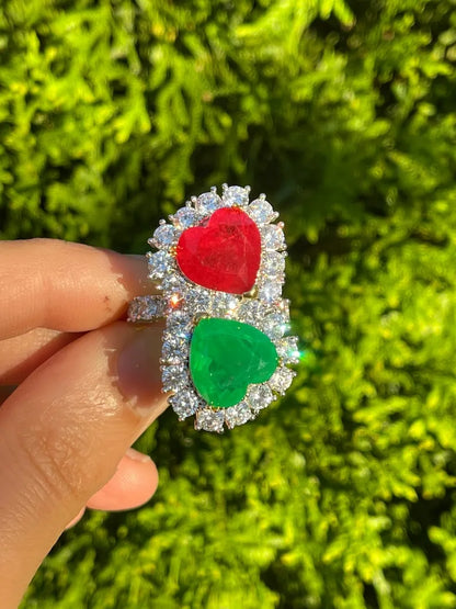 Mother & Daughter, Double Heart, Ruby and Emerald Ring, July and May Birthstones, Luxury Edition, Handcrafted Masterpiece, Gift for Her